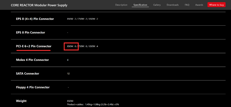 850W Core Reactor PCIe Connectors